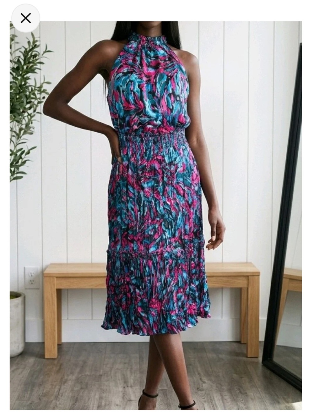 Nicole Miller XS Halter Midi Dress in Pink & Teal Print
